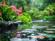  A tranquil rain scene over a water garden, with pink flowers and floating lily pads.