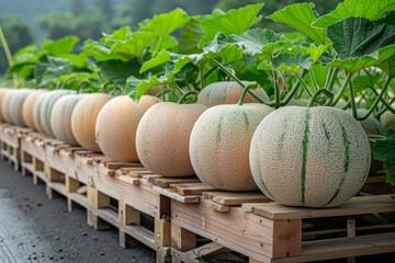 Vibrant shot of sun-kissed yellow melons growing in lush field on a beautiful sunny day