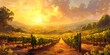 Idyllic Summer Vineyard Landscape with Golden Sunset Over Rolling Hills and Lush Grapevines