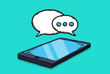 Illustration showing a lying phone and an icon of a message or chat app. Hand-drawn illustration in cartoon style.