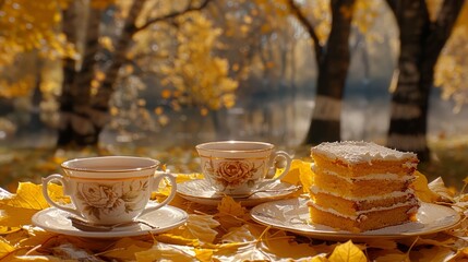 Wall Mural -   A table is set with three cake pieces, two cups, and two saucers The table is covered in leaves