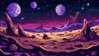Cartoon illustration of craters lining the surface of alien planet on background of deep cosmos sky and space bodies. Fantasy landscape of space objects for exploration concept.