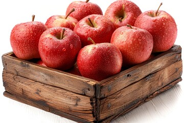 Organic ripe red apples in box on clean white background for healthy food photography