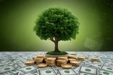 Fototapeta Do akwarium - Tree growing on money and financial reports, investment concept