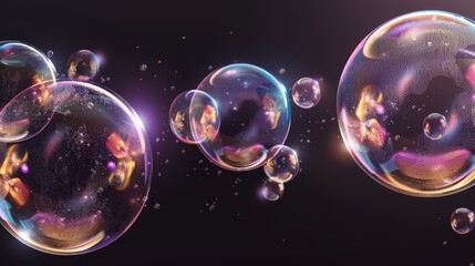 Poster - The process of bursting soap bubbles is illustrated as transparent exploding air spheres with reflections and highlights, isolated on a black background.
