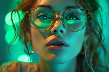 Poster - Close-up of a young woman's face illuminated by neon lights, focus on her eyeglasses