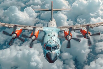 An impressive view of a large airplane flying overhead with bright orange engines against a backdrop of fluffy white clouds