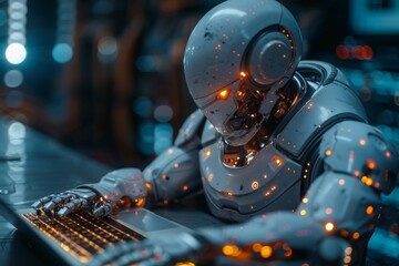Poster - In-depth view of a future robot using a holographic interface, representing AI and technological progress