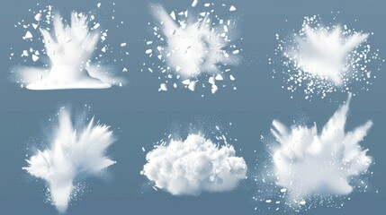 White powder explosion, snow burst with flying ice particles and snowflakes. Modern realistic set of exploding white dust clouds isolated on transparent background.