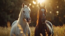   A Pair Of Horses Standing Side By Side In A Tall Grass Field, Sun Illuminating Trees Behind