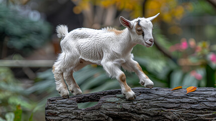   A small white goat atop a log amidst a lush green forest teeming with numerous flowers