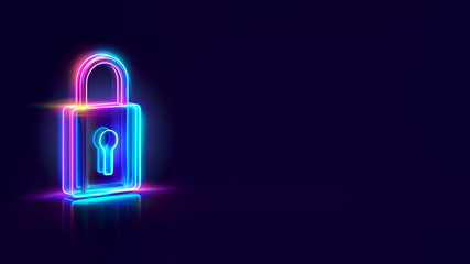 A neon padlock on a dark blue background, digital security concept. Copy space.