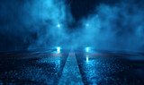 Fototapeta  - The view of a dark street, shrouded in fog and smoke, neon lights and spotlights add a mysterious atmosphere.
