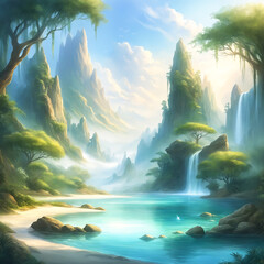 Wall Mural - A beautiful lush green forest with a mountain range in the background. There are also waterfalls and a lake within the scene, creating a serene and picturesque landscape.