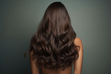 back view of beautiful woman with long brown wavy hair on a dark gray studio background.