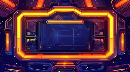Poster - Overlay for game streams with yellow neon glow. User interface for twitch streaming, gamer menu panels, buttons. Cartoon illustration for esports, live video online.