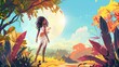 Animated landing page with beautiful girl on a nature landscape. Forest fairy, wood nymph, or dryad with dreadlocks wears long ancient dress, inviting people to enjoy the natural world.