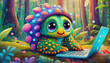 OIL PAINTING STYLE Multicolored Close up of baby caterpillar cartoon character hacker hands