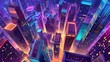 Night skyscrapers illuminated with neon lights. Modern megalopolis architecture, apartment buildings, colorful cityscape with neon lights. Modern cartoon illustration.
