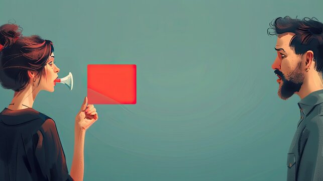 banner background National Ex-Spouse Day theme, and wide copy space, A scene of a woman blowing a whistle and showing a red card to her ex-husband, symbolizing expulsion, with a banner in 