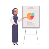 Fototapeta Panele - Presentation of young arabian business woman. Saudi female in hijab pointing on presentation board. Office, work, lecture, seminar design. Muslim cartoon vector illustration isolated on white