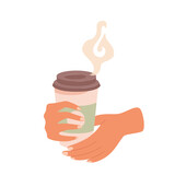 Fototapeta Panele - Woman hands holding coffee. Hot drink for breakfast, break, meeting in plastic glass. Cartoon vector illustration isolated on white background
