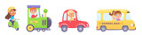 Fototapeta Panele - Cute kids ground transport set vector illustration. Cartoon driving children isolated on white background. Boys and girls going by car, scooter, train, school bus. City transportation infrastructure