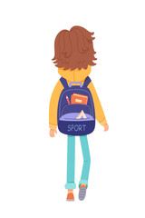 Wall Mural - Kid with school backpack back view vector illustration. Boy or girl going to kindergarten with bag pack. Cartoon smart student character isolated on white background. Back to school, education concept