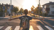 Back view of a kid with a school bag standing on the crosswalk.