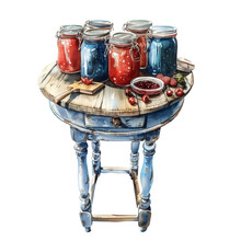 Wooden Table With Homemade Canned Food And Berry Jam, Vintage Kitchen, Glass Jars, Clipart Illustration On A Transparent Background