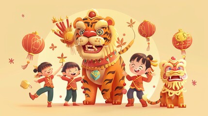 Wall Mural - On a pale yellow background, a tiger is carrying firecrackers on its back, Asian boys are playing with lanterns, and another girl holds a gold ingot.