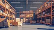 Warehouse storage interior with pallets and boxes. Delivery stockroom with full rack. Hangar building with crowded shelves of inventory in wood crates and cardboard boxes.