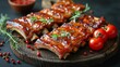   A wooden cutting board holds ribs coated in BBQ sauce, garnished with fresh herbs and tomatoes