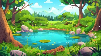 Wall Mural - Sunny summer jungle background with trees and a lake in a forest environment. Cartoon modern illustration of water in a pond surrounded by bushes, grass and trees.