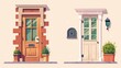 Front door - cartoon house entrance with brick jambs and windows. Modern illustration set of closed wooden colorful doorway with a handle, mailbox and decorative glass frame. Exterior home element.