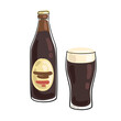 Bottle and glass of dark Irish beer. Picture in line style. Black outline with colored spots. Isolated on white background. Vector flat illustration. 