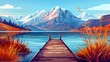 The view of orange and brown grass, bushes, and trees on the pond shore in autumn is represented by a wooden pier on the lake at the foot of a mountain with snow-covered peaks. Cartoon modern