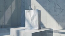Mockup Of White Paper Bags On Marble Square Column With Blank Paper Container In 3D