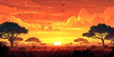 Breathtaking Savannah Sunrise with Silhouetted Acacia Trees and the Distant Roar of a Lion