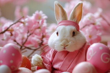 Wall Mural - A rabbit wear pink ninja suit. easter egg. easter theme.