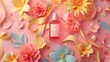 Top view of a perfume ad with paper flowers and ribbons in 3D illustration