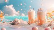 Illustration of pearl milk tea ads on bokeh summer beach background