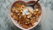   A heart-shaped bowl holds a mixture of cereal and yogurt on a marble table, accompanied by a spoon