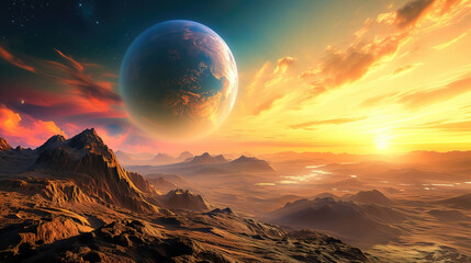 Wall Mural - alien planet landscape with glowing sun and mountains with fantastic rocks formations 3d illustratio