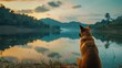 Dog in quiet contemplation by a serene lake at sunset, surrounded by the stillness of nature