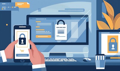 Poster - Illustration Seamless 2FA Login Process, User inputs credentials on computer, receives and enters verification code on mobile for secure login