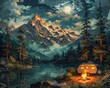 a camper and fire beside a lake on a mountain, whimsical folk art, imaginative, playful, humorous