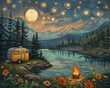 a camper and fire beside a lake on a mountain, whimsical folk art, imaginative, playful, humorous