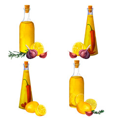 Poster - Set of bottles of flavored olive oil with spices, herbs, hot chili pepper, garlic, lemon, thyme and rosemary isolated on white background.