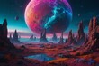 A vibrant, otherworldly planet with swirling clouds of neon colors and towering crystal formations